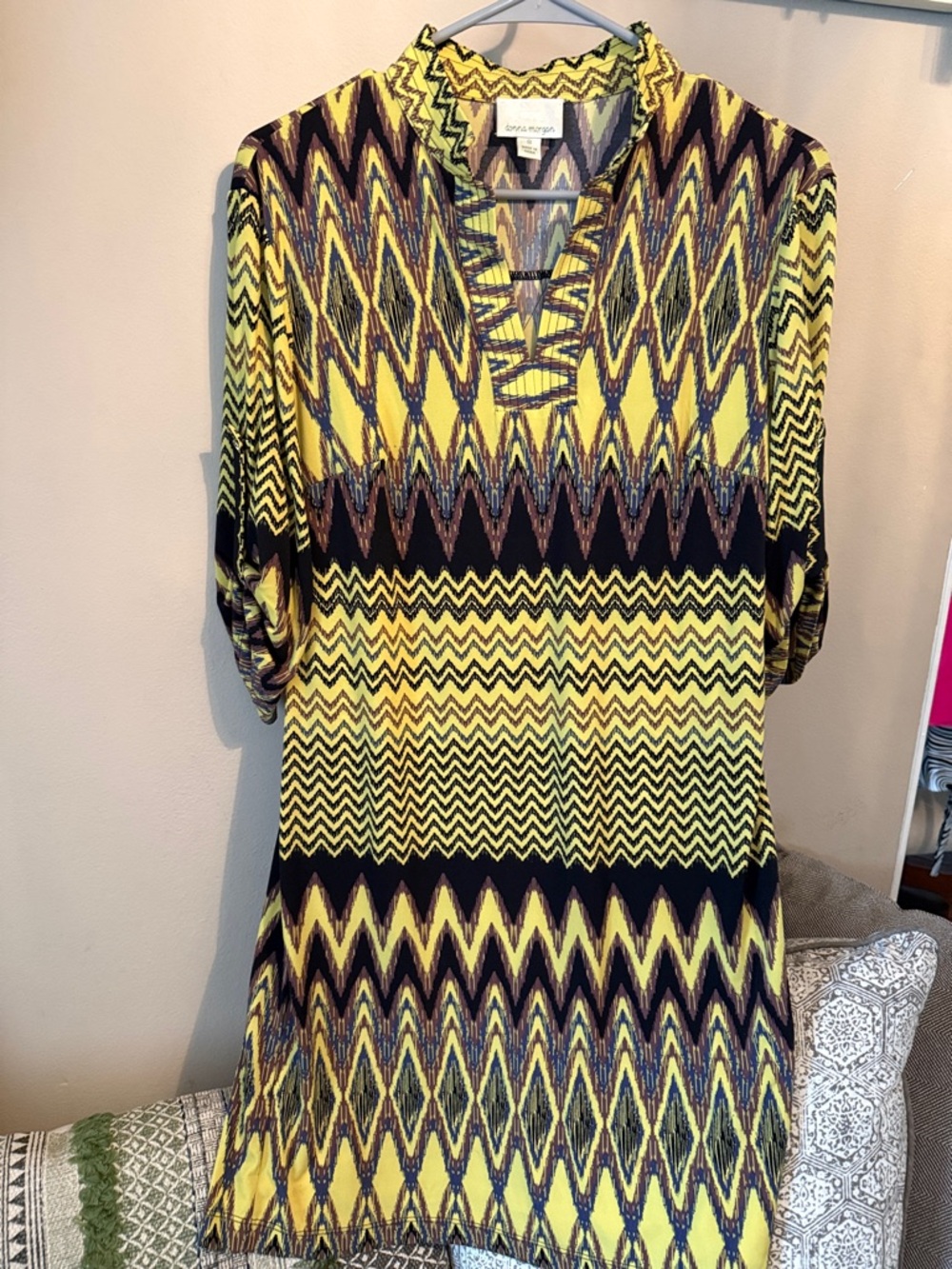 Donna Morgan Yellow, Grey, Black, Brown Ikat Print Tunic Dress